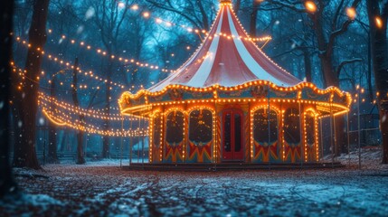  a merry go round in the middle of a forest with christmas lights on the trees and lights strung across the top of the canopy and around the top of it. - obrazy, fototapety, plakaty
