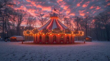  a merry go round in the middle of a snow covered field with a flag on top of it and lights on all sides of the sides of the top of it.