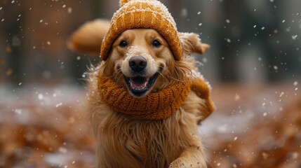  a dog wearing a knitted hat and scarf running through a field of falling leaves in the snow with it's mouth open and it's tongue out.