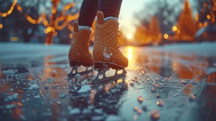 Foto op Plexiglas  a close up of a person's feet on a skateboard on a city street with lights in the background and snow on the ground and on the ground. © Jevjenijs