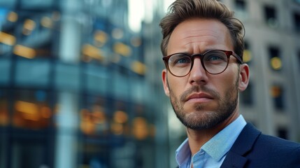 Fototapeta premium Young serious businessman in glasses looking at the camera against the background of a blurred business center