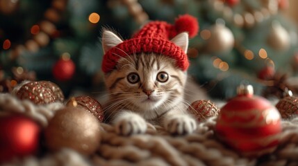  a small kitten wearing a red knitted hat next to christmas ornament balls and a christmas tree with gold and red bauble lights in the background.