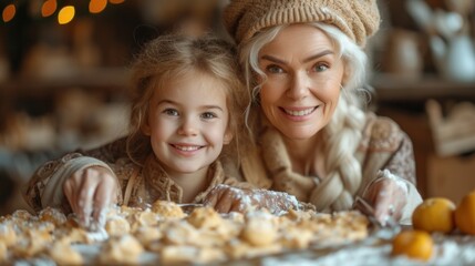  an older woman and a young girl standing in front of a table full of cookies and oranges, with a smile on their faces, both of them are looking at the camera. - obrazy, fototapety, plakaty