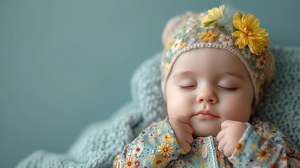  a close up of a baby laying on a bed with a flower on it's head and wearing a knitted hat with a flower on it's head.