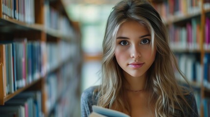 young beautiful woman in the library reading a book