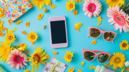 A summer festival flat lay with concert tickets a flower crown sunglasses a portable charger and festival wristbands on a vibrant backdrop. - obrazy, fototapety, plakaty