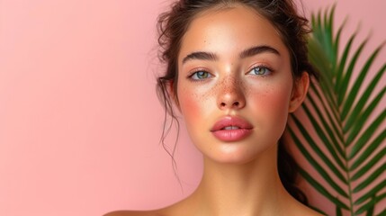  a woman with freckles on her face and freckles on her cheek, with a palm leaf in front of her, against a pink background,.