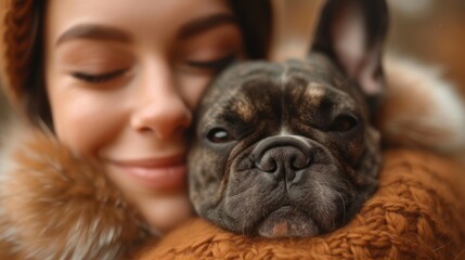  a close up of a person hugging a dog with a fur stole around it's neck and a dog's face on top of a woman's chest.