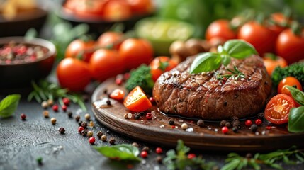  a close up of a steak on a plate surrounded by tomatoes, broccoli, peppers, and peppercorst on a table with other food items in the background.