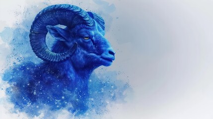  a painting of a ram with blue paint splattered on it's face and horns, in front of a white background with blue spots and white spots. - obrazy, fototapety, plakaty
