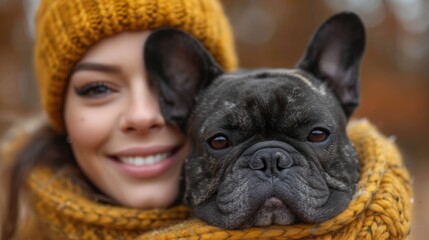  a close up of a person holding a dog wearing a scarf and a knitted hat with a dog's head on top of the woman's shoulders.