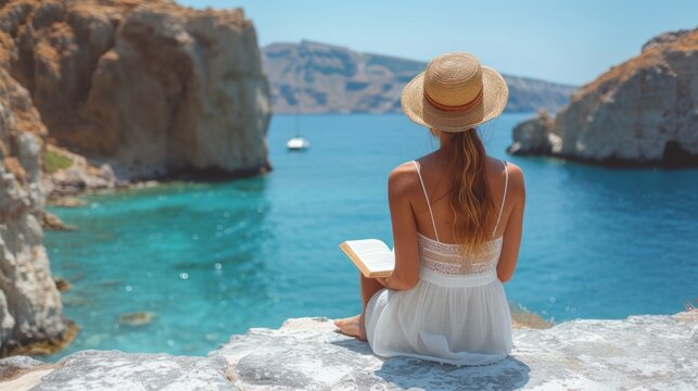  a woman in a straw hat is sitting on a rock by the water and reading a book with a view of boats in the water and cliffs in the distance.
