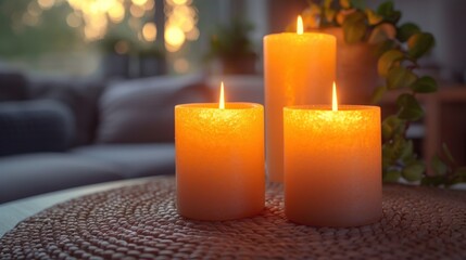  a close up of three lit candles on a table in a living room with a couch and potted plant on the side of the table and a couch in the background.
