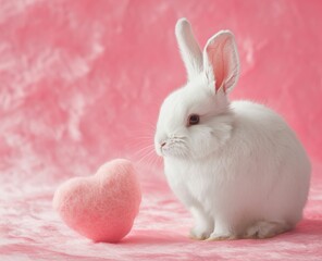 A playful domestic bunny with a pink heart-shaped nose hops indoors, embodying the spirit of easter with its fluffy white fur and charming hare-like features