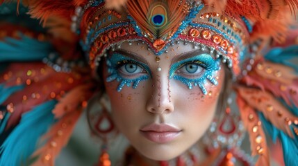  a close up of a woman's face with blue eyes and colorful feathers on her head and a feathered headdress on her face and her face.