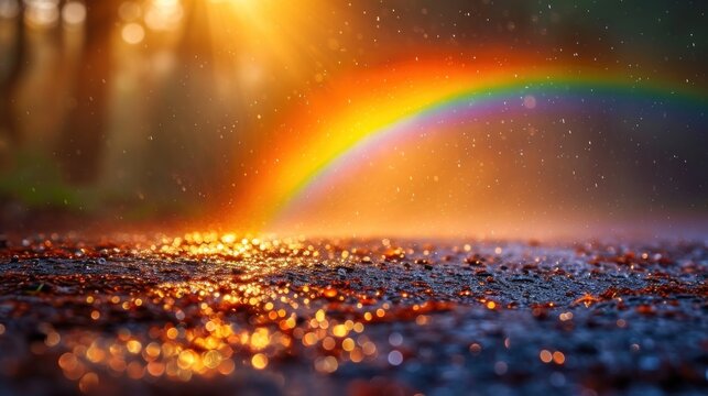  a rainbow shines brightly in the background as the sun shines brightly in the foreground and the ground is covered in raindrops and drops of water.