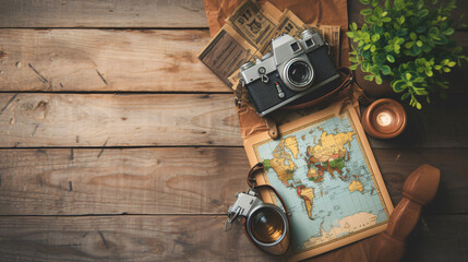 A summer travel flat lay with a world map vintage camera travel diary passport and airplane tickets on a wooden surface.