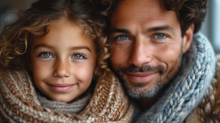  a man and a little girl wearing scarves and scarves are smiling at the camera while they both have blue eyes and a scarf on their headscarves. - obrazy, fototapety, plakaty