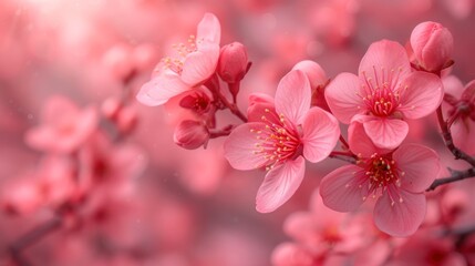  a close up of a pink flower on a branch with a blurry background of pink flowers in the foreground and a blurry background of pink flowers in the foreground.