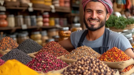 Obraz premium a man with a turban standing in front of a store filled with lots of different kinds of beans and other foods on display cases behind him is a smiling at the camera.