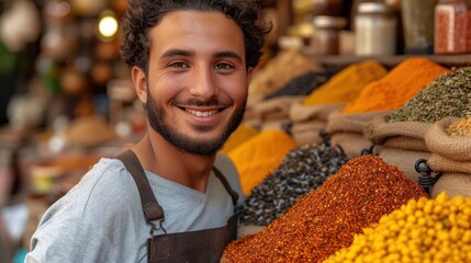  a man standing in front of a store filled with lots of different types of spices and seasonings on display in front of him is a smiling at the camera.