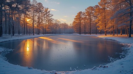  a frozen pond surrounded by trees in the middle of a snow covered park with the sun shining through the trees on the other side of the pond and on the other side of the pond.