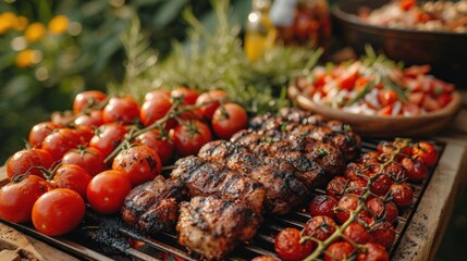  a grill topped with lots of meat and lots of veggies next to a bowl of rice and a bowl of tomatoes and a bowl of salad on the side.
