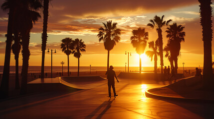 A sunset skateboarding session on a beachside promenade.