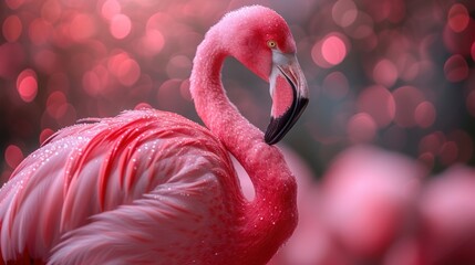  a close up of a pink flamingo in a blurry background with boke of lights in the back ground and a blurry boke of boke of pink lights in the background.