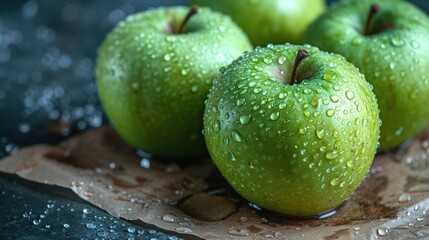  a group of green apples sitting on top of a piece of wax paper with water droplets on the top of the apples and the tops of the apples are on a piece of wax paper.