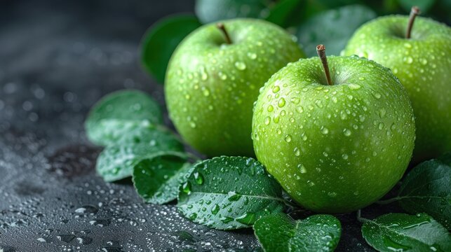  a group of three green apples sitting on top of a green leafy plant with water droplets on the top of the apples and leaves on the bottom of the picture.