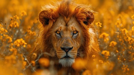  a close up of a lion in a field of flowers with yellow flowers in the foreground and a blurry image of a lion's face in the background.