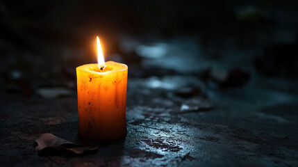 Lonely candle with a warm glow on a textured surface at twilight.
