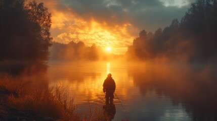  a person standing in a body of water with the sun setting in the background and fog covering the water and trees in the foreground, with a person standing in the foreground.
