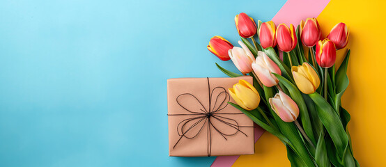 Bright tulips beside a pastel gift, creating a cheerful festive mood.