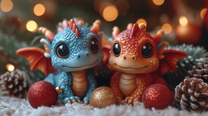 a close up of two figurines of a dragon and a dragon sitting next to each other in front of a christmas ornament with lights in the background.