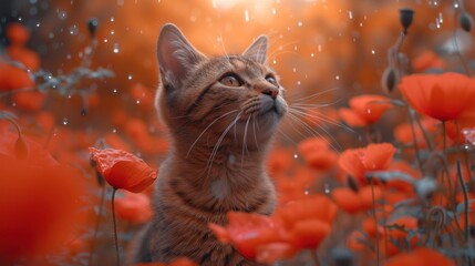  a cat standing in a field of red flowers with rain drops falling off of it's ears and looking up at the sky with a sun shining behind it.