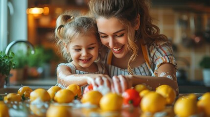  a woman and a little girl are in front of a table with lemons and a candy cane in the middle of the table is a pile of lemons. - obrazy, fototapety, plakaty