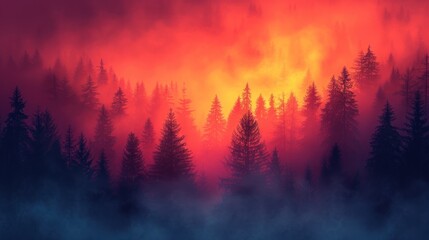  a forest filled with lots of trees covered in a red and blue smoke billowing out of the top of the smokestacks of the tops of the trees.