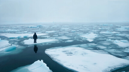 Naklejka premium Loneliness. One figure stands amidst vast expanse of melting ice floes in a polar region, evoking deep sense of isolation.
