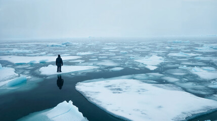 Loneliness. One figure stands amidst vast expanse of melting ice floes in a polar region, evoking deep sense of isolation.