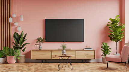 Pastel color peach fuzz wall mounted TV. Interrior design mockup template.