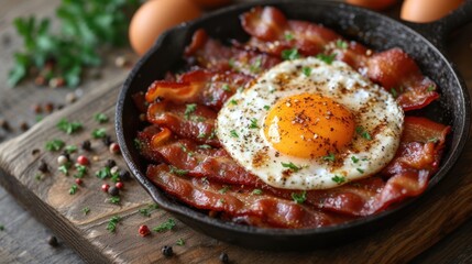  a cast iron skillet with bacon, eggs, and chives on a wooden cutting board next to eggs in a frying pan on a wooden board with parmesan sprinkles. - obrazy, fototapety, plakaty