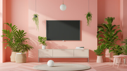 Pastel color peach fuzz wall mounted TV. Interrior design mockup template.