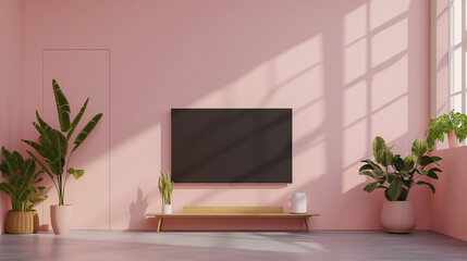 Pastel color peach fuzz wall mounted TV. Interrior design mockup template.