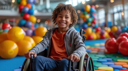 Fototapeta na wymiar a young boy sitting in a wheel chair in front of a bunch of colorful balls in a room with a ceiling of multicolored balls in the shape of balls.