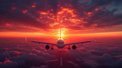  a large jetliner flying through a cloudy sky above the clouds at sunset with the sun peeking through the clouds and the plane in the foreground with the sun in the distance.