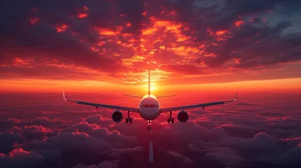 Fotobehang  a large jetliner flying through a cloudy sky above the clouds at sunset with the sun peeking through the clouds and the plane in the foreground with the sun in the distance. © Jevjenijs