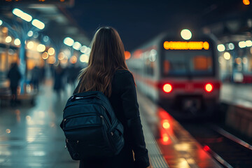 woman waiting for train at night