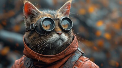  a close up of a cat wearing a leather jacket with goggles on it's head and wearing a leather jacket with a leather jacket on it's collar.